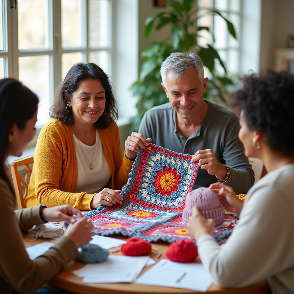 Group of diverse adult crafters gathered around a table examining each other's fiber arts projects with warm smiles in a bright community space