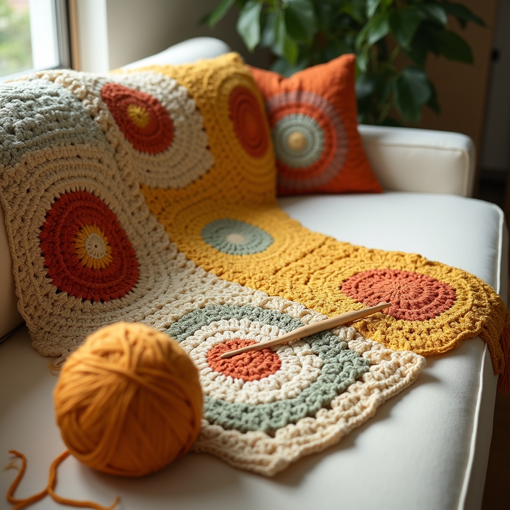 Vibrant multicolored crocheted blanket in progress with a wooden crochet hook resting on top