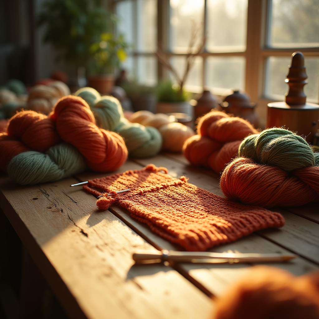 Colorful yarn skeins and knitting needles arranged on a wooden surface