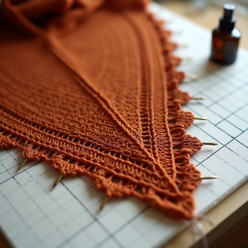 Blocked knitted shawl pinned to a foam mat with rust-colored yarn and blocking wires creating even edges
