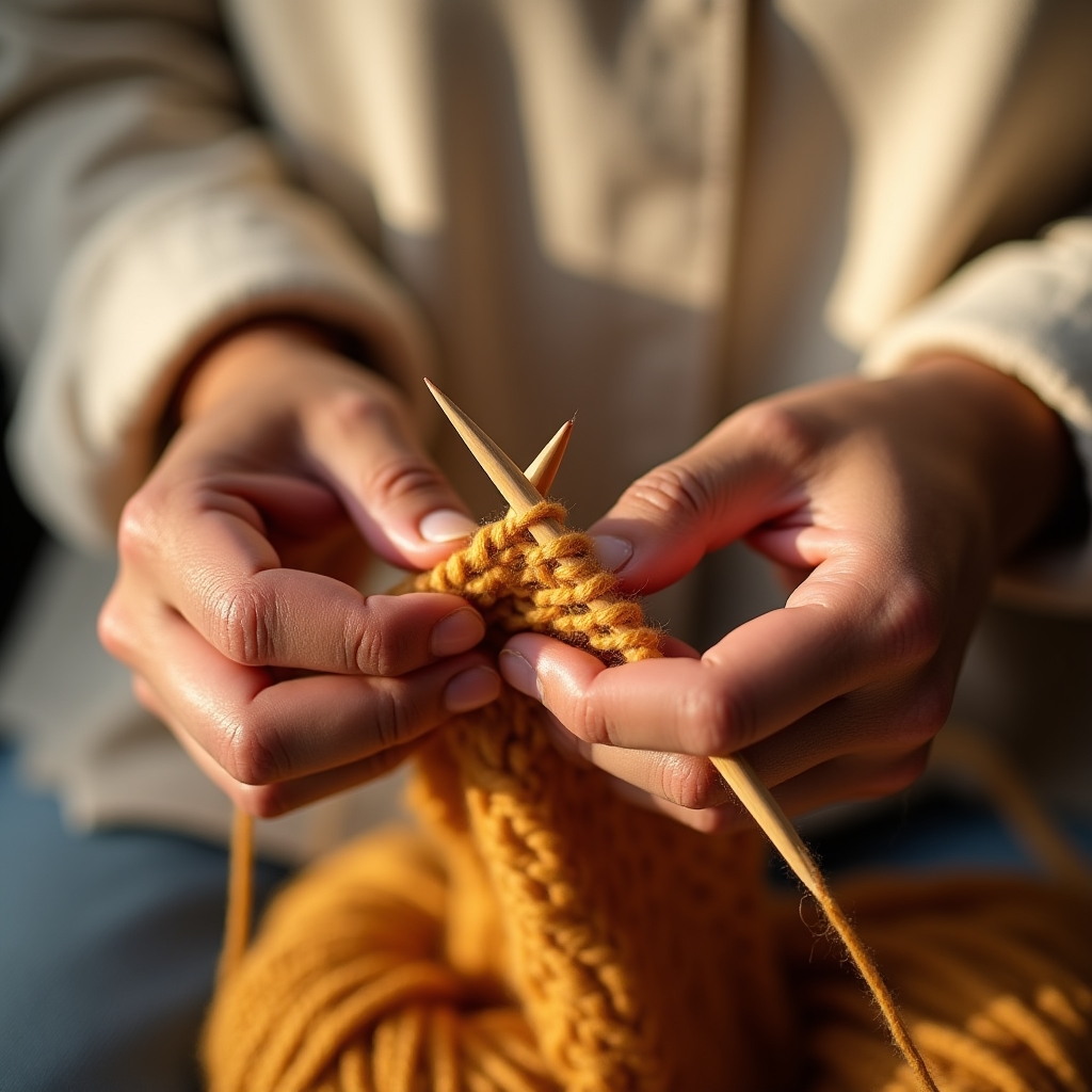 Close-up of hands holding knitting needles with warm amber yarn during a lesson
