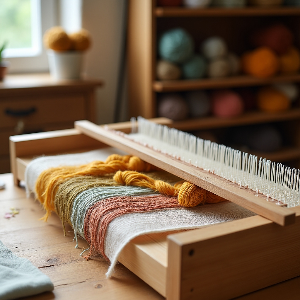 Tabletop loom with natural linen warp threads and colorful weft yarns being woven in a bright studio